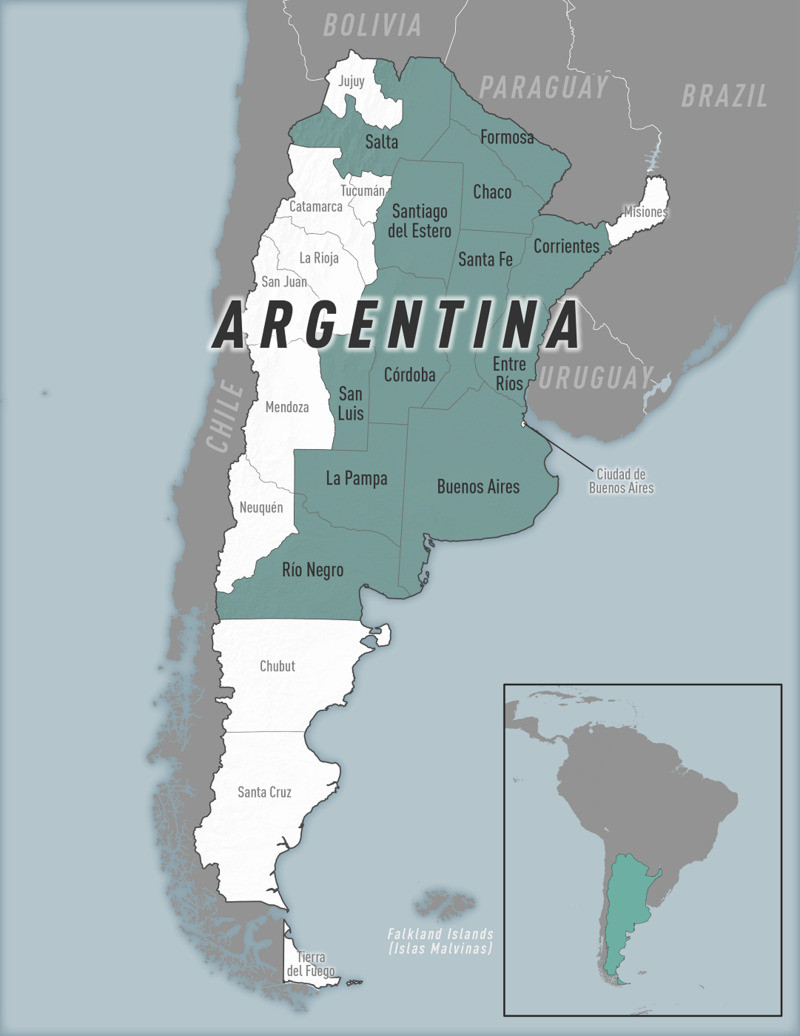 Regiones afectadas por el virus de la Encefalitis Equina del Oeste en Argentina